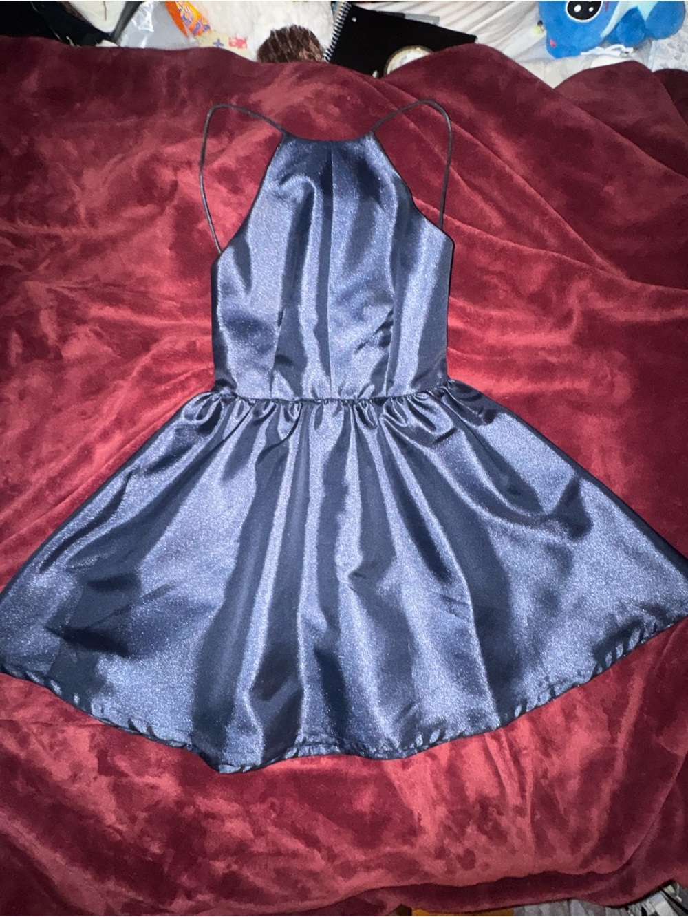 L'ATISTE Navy Satin-Look Halter Mini Dress